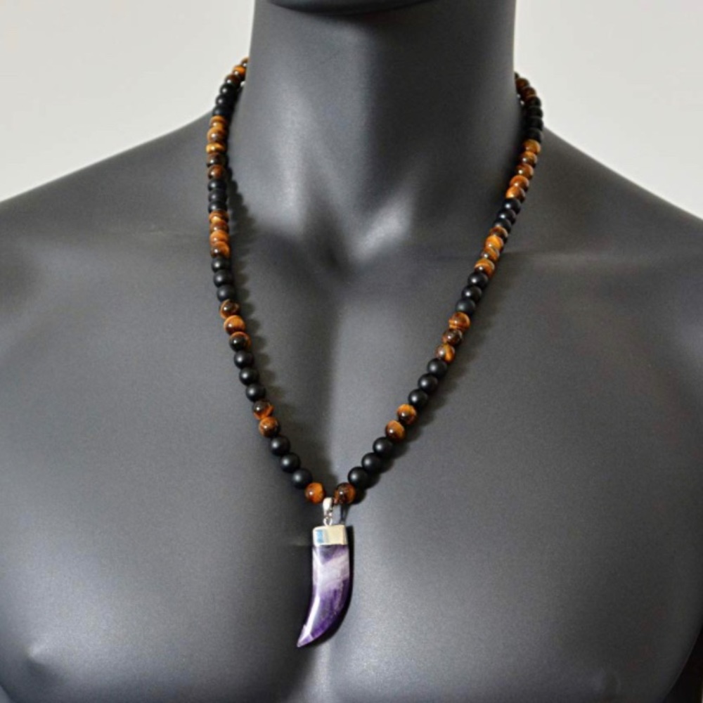 Tribal Long Beaded Necklace w/ a Horn Tusk Pendant Amethyst Tiger Eye Black Onyx